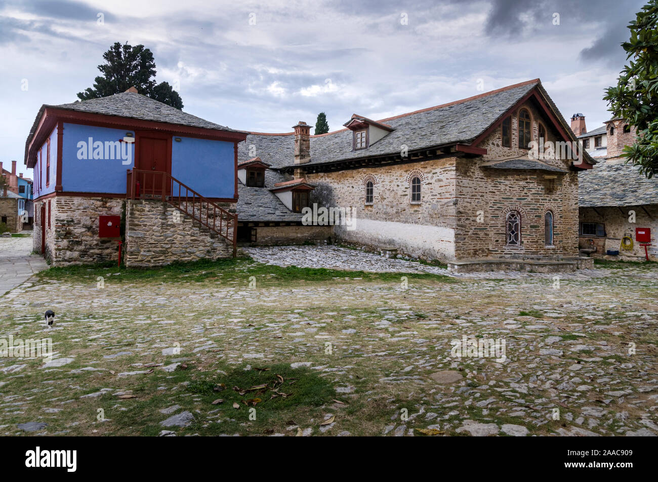 L'intérieur de la Grande Laure monastère orthodoxe du Mont Athos, Agion Oros (Montagne Sacrée), Chalkidiki, Grèce Banque D'Images