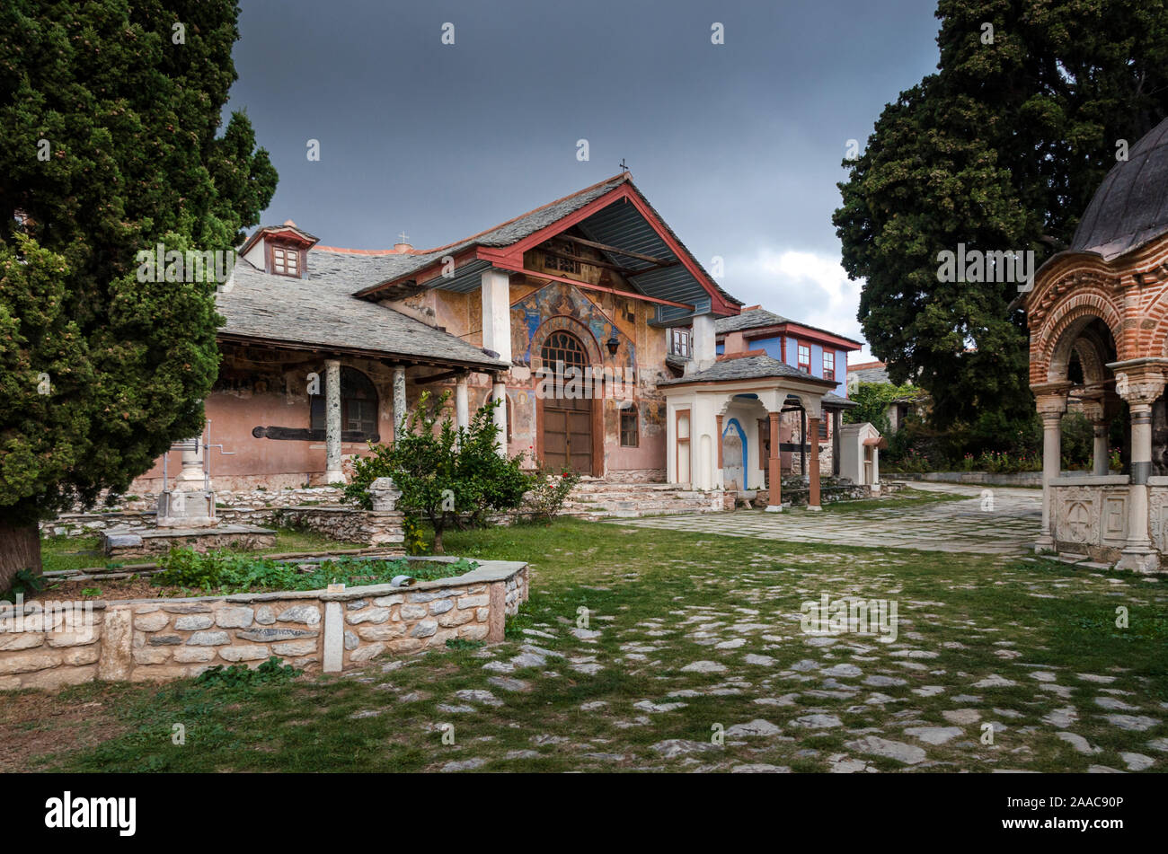 L'intérieur de la Grande Laure monastère orthodoxe du Mont Athos, Agion Oros (Montagne Sacrée), Chalkidiki, Grèce Banque D'Images