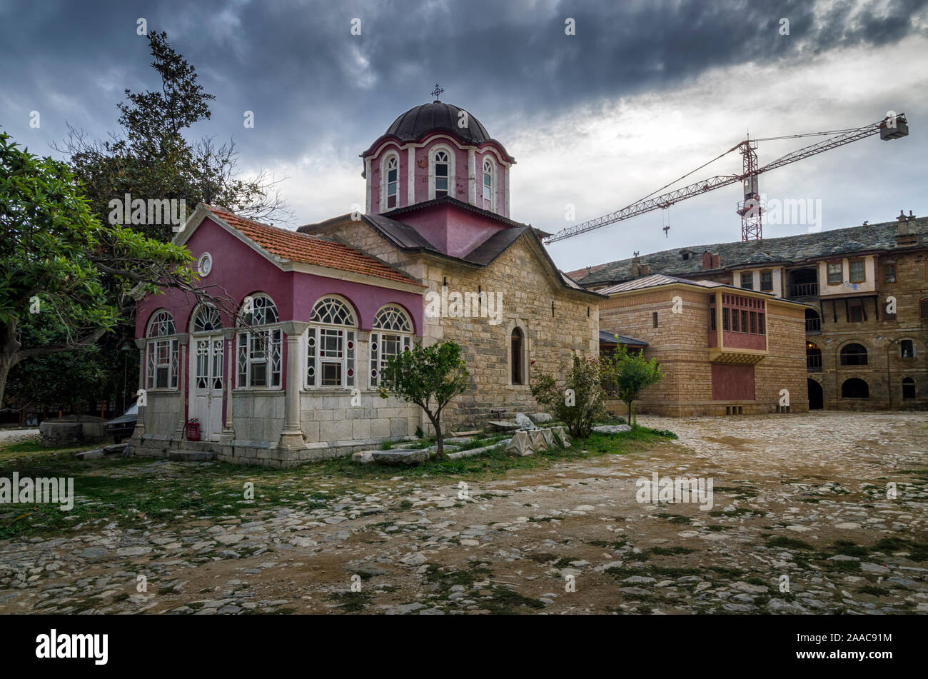 L'intérieur de la Grande Laure monastère orthodoxe du Mont Athos, Agion Oros (Montagne Sacrée), Chalkidiki, Grèce Banque D'Images