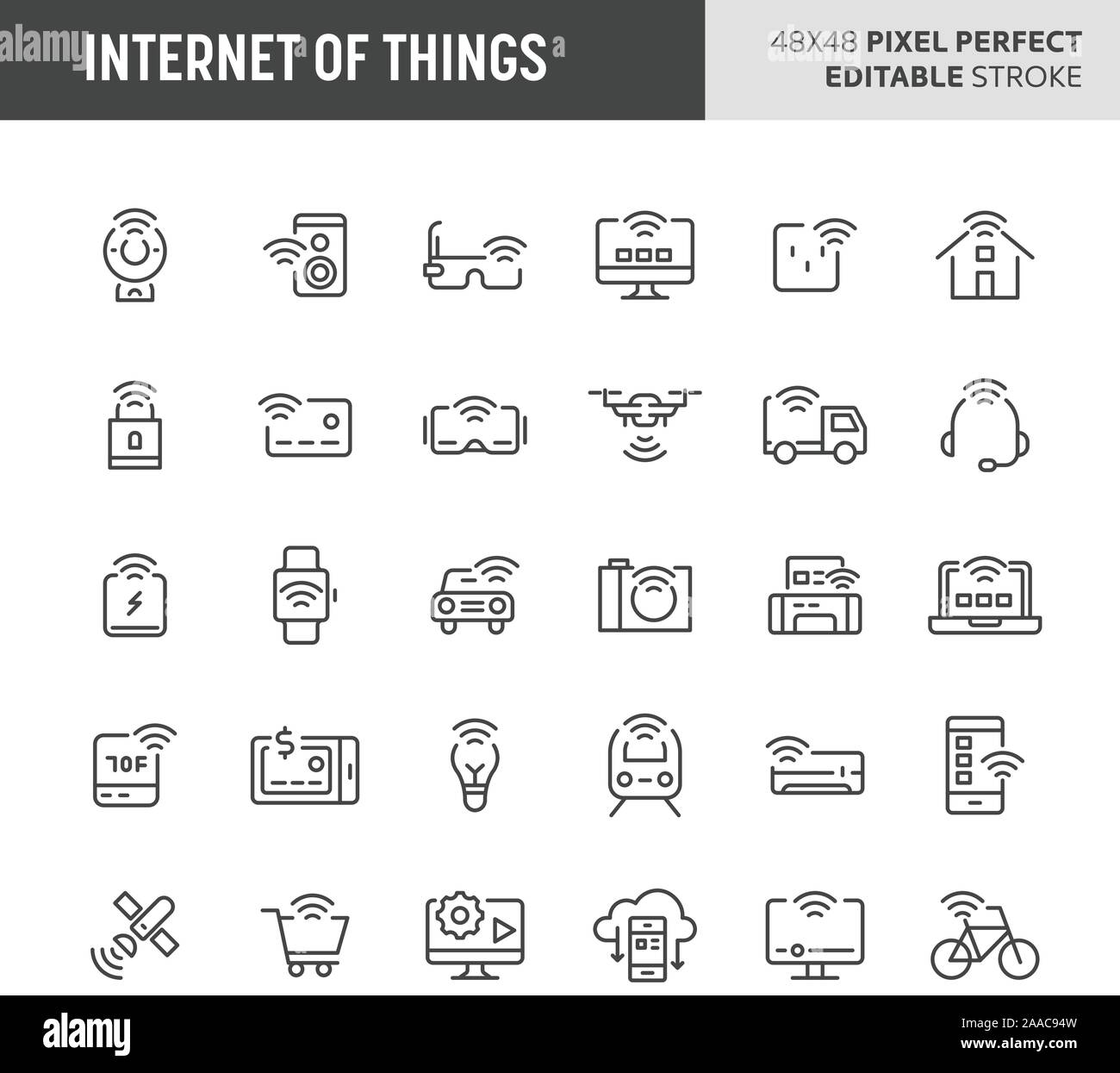 30 ligne mince des icônes associées à internet des objets (IoT). Des symboles comme le réseau, périphériques, appareils ménagers et les véhicules sont inclus dans cet ensemble. Illustration de Vecteur