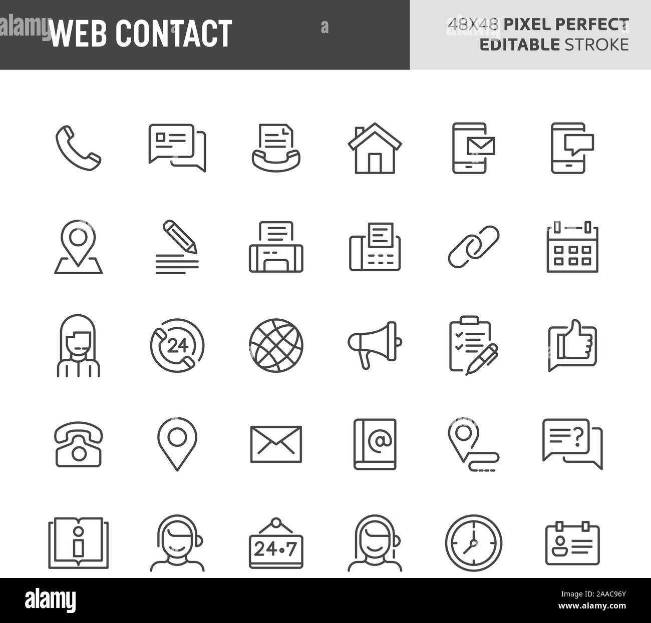 30 ligne mince des icônes associées à internet site web & contact. Des symboles comme méthode de contact, contact & situation d'État sont inclus dans cet ensemble. 48x Illustration de Vecteur