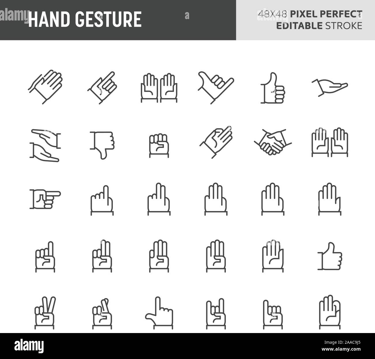 30 fine ligne icônes associées aux gestes de la main. Une action des doigts et du pouce utilisée pour communiquer des messages. 48x48 Pixel icône parfaite avec editable Illustration de Vecteur