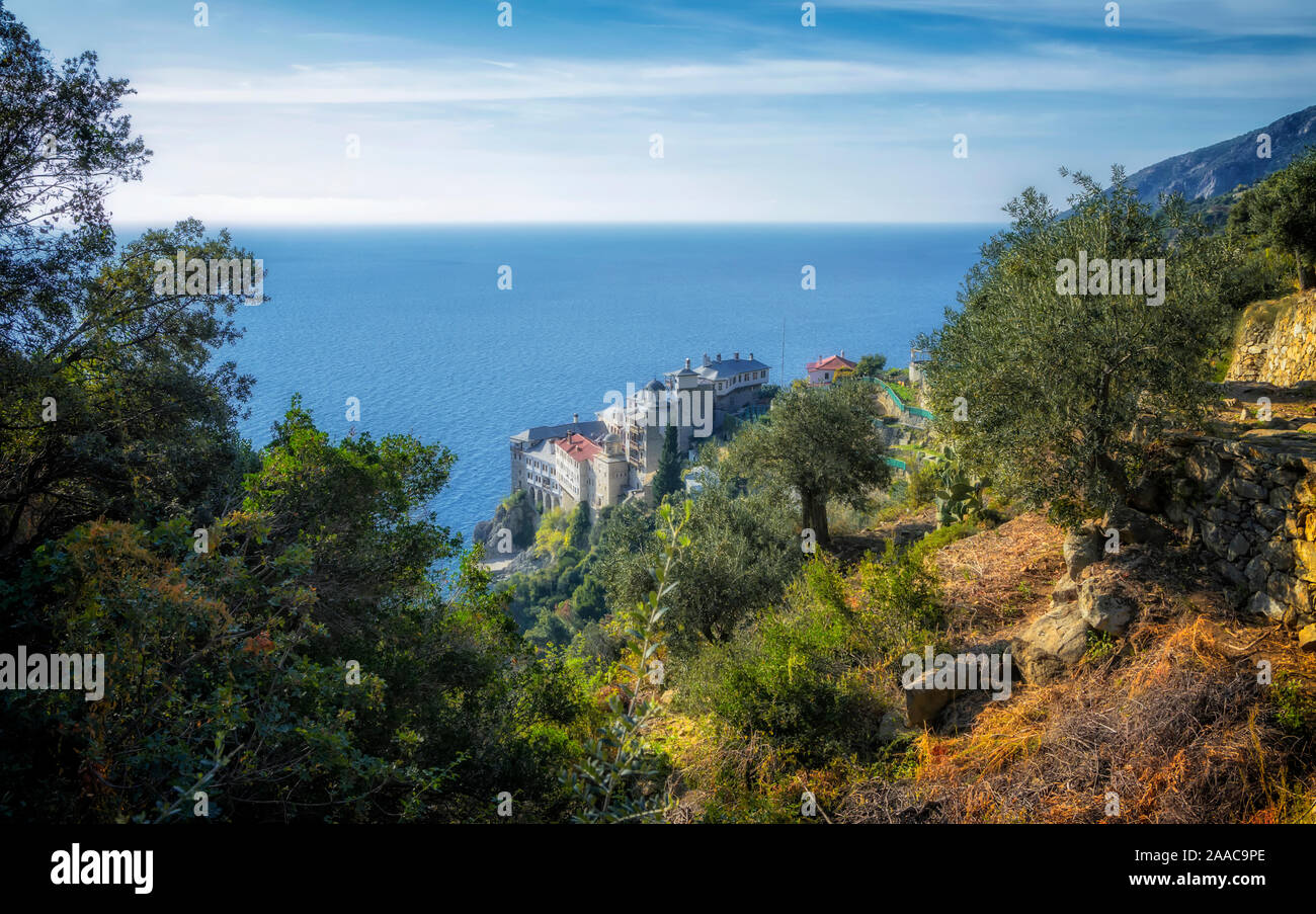 Agia Grigoriou monastère orthodoxe du Mont Athos, Agion oros, montagne sainte, Halkidiki , la Grèce. Banque D'Images