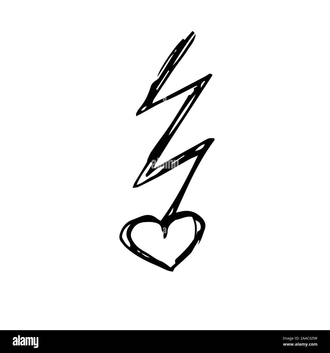 La foudre au coeur. Dessin à la main esquisse pour la Saint-Valentin. Contour noir peuvent être imprimés sur textile, papier peint, papier d'emballage, cartes de vœux, utilisé dans logos, bannières, page d'atterrissage. Vector Illustration. EPS10 Illustration de Vecteur