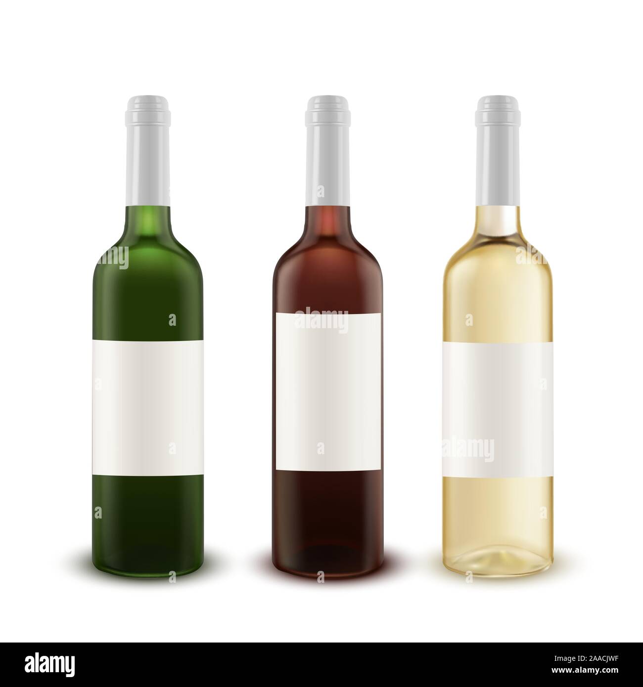 Vector set réaliste de bouteilles de vin de différentes couleurs de verre. Illustration de Vecteur