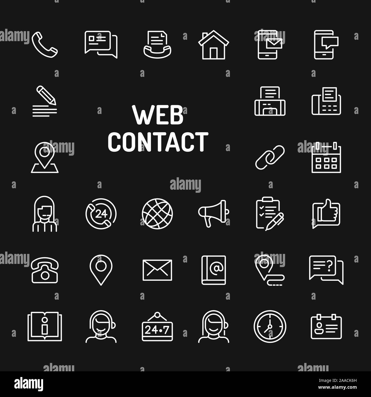 Icônes de ligne blanche sur fond noir isolé lié à Internet et site Web de contacts. Signes et symboles vectoriels collections pour site web et d Illustration de Vecteur