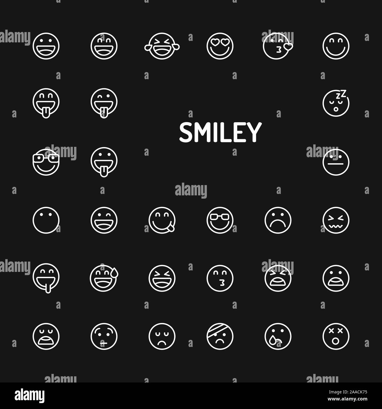 Icônes de ligne blanche sur fond noir isolé lié à smileys et émoticônes. Signes et symboles vectoriels pour site web et des collections Illustration de Vecteur