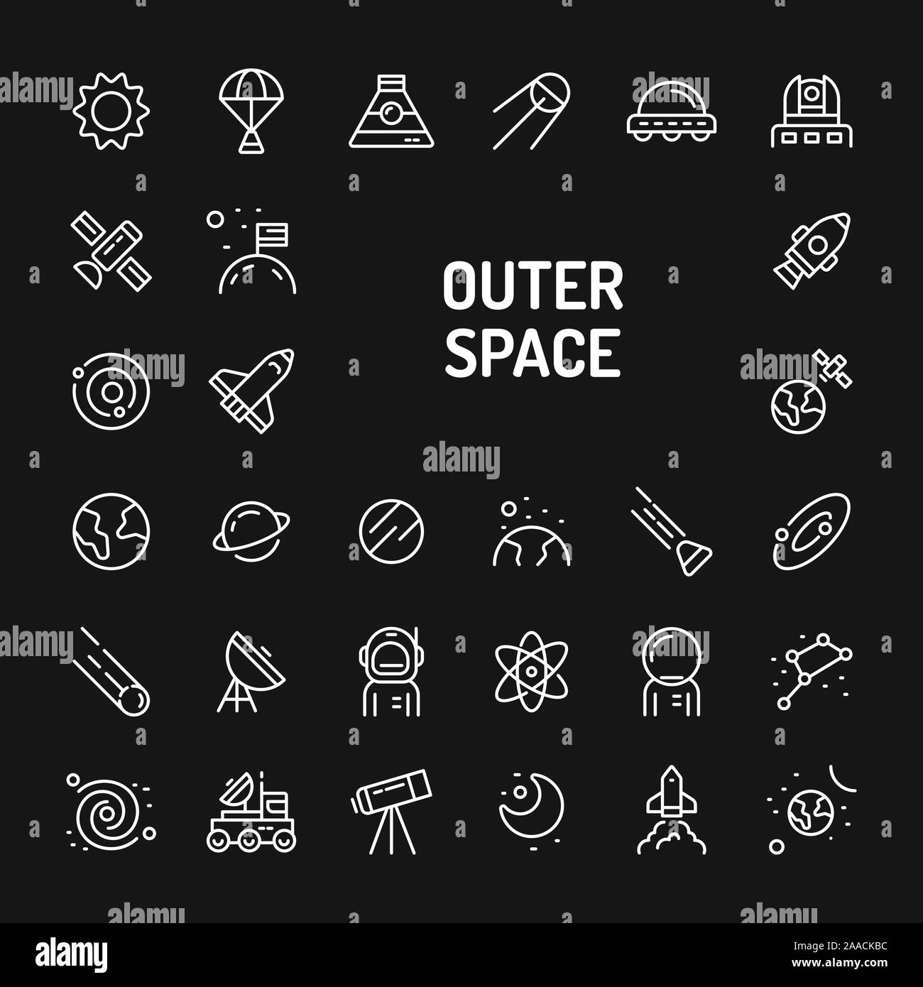 Icônes de ligne blanche sur fond noir isolé liée aux planètes, galaxie, système solaire et des véhicules spatiaux. Signes et symboles vectoriels collectio Illustration de Vecteur