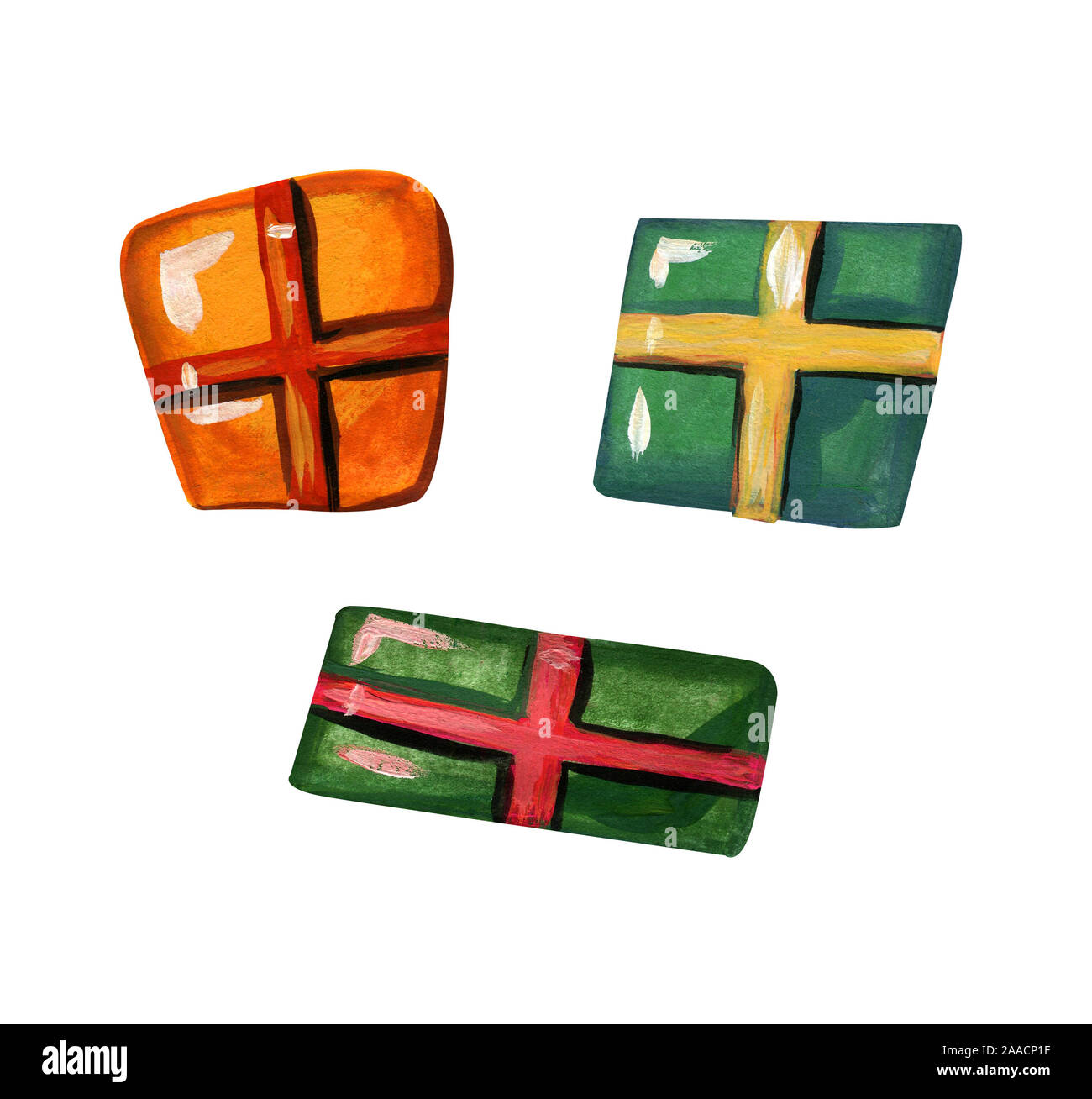 Trois boîtes cadeaux isolé sur un fond blanc. Cadeaux de Noël sont peints à la gouache dans un style minimaliste et télévision avec des rubans colorés. Banque D'Images