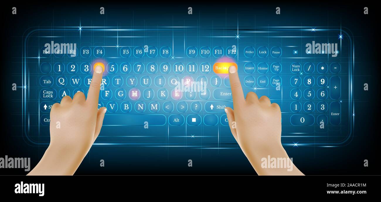 Brillant virtuel clavier de PC ou ordinateur clavier avec deux mains  réaliste sur fond bleu Image Vectorielle Stock - Alamy