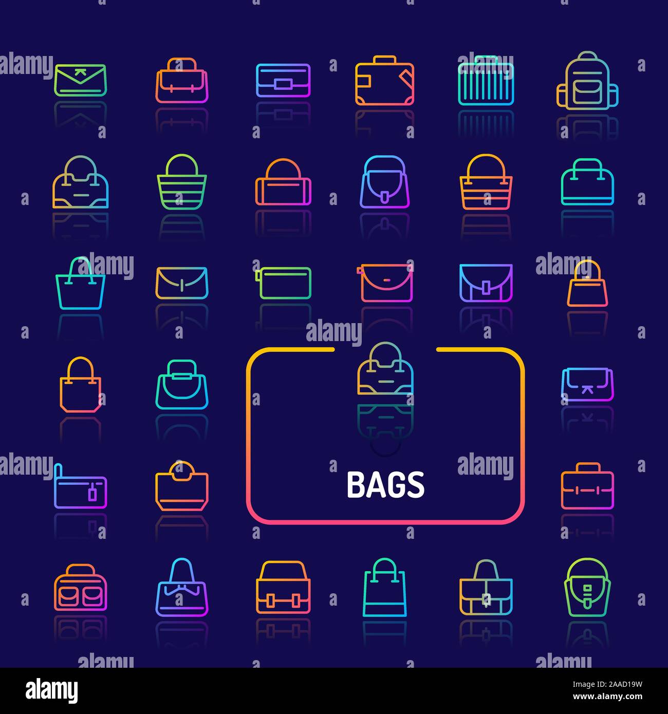 Gradient simple icônes couleur sur fond sombre isolés liés à des sacs, sachets et valise pour la mode. Signes et symboles vectoriels pour collections Illustration de Vecteur