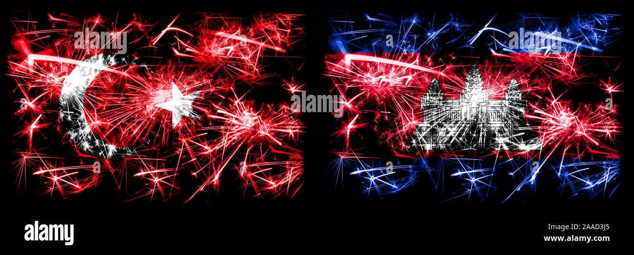 La Turquie, turque contre le Cambodge, célébration du nouvel an cambodgien drapeaux fireworks mousseux fond concept. Combinaison de deux états abstraits des drapeaux. Banque D'Images