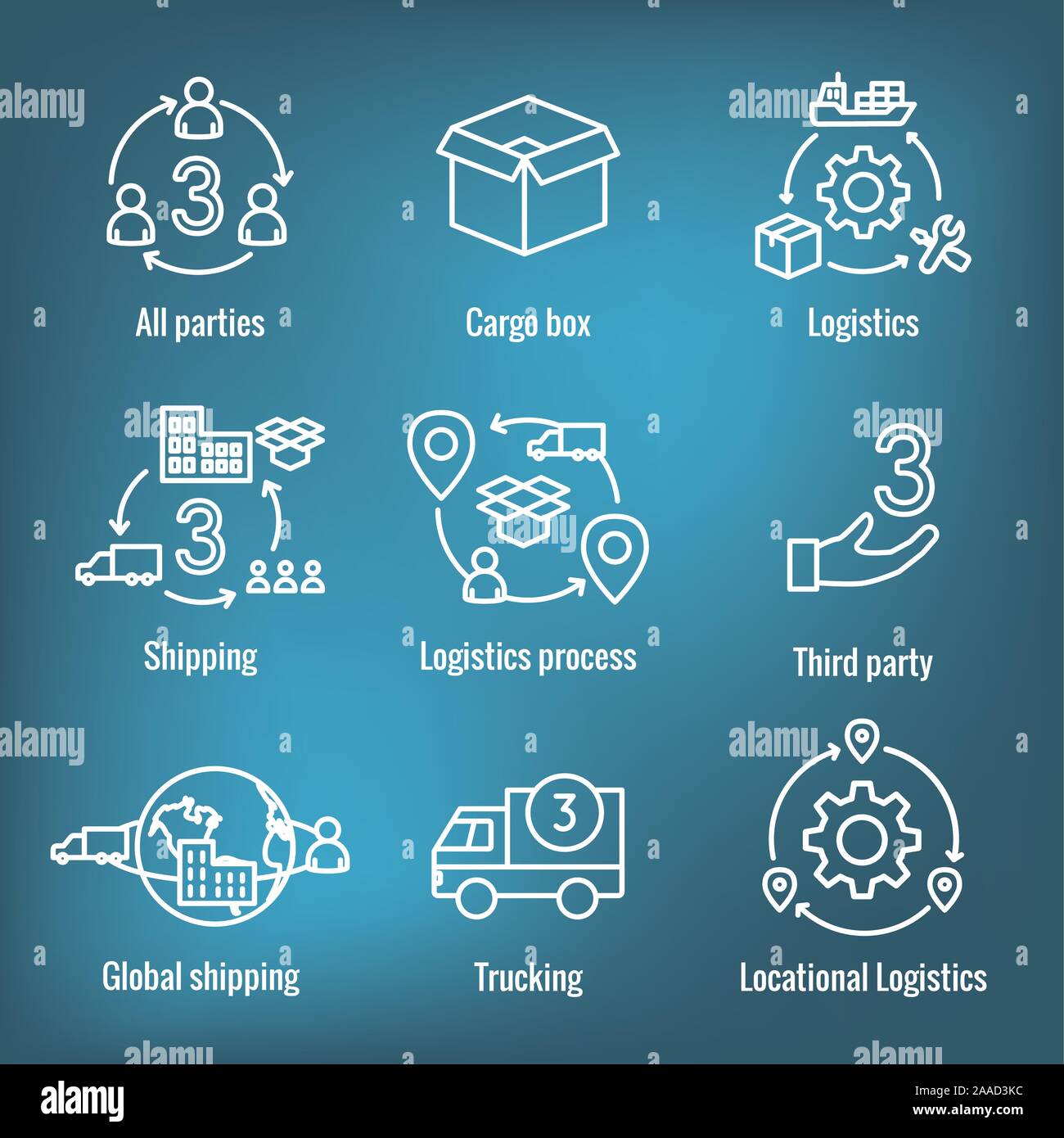 L'icône de la logistique set w bâtiments, de camionnage, d'expédition et les gens fort Illustration de Vecteur