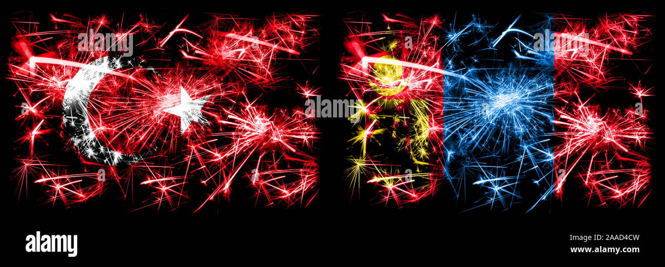 La Turquie, la Mongolie, la Turquie vs célébration du Nouvel An mongol drapeaux fireworks mousseux fond concept. Combinaison de deux états abstraits des drapeaux. Banque D'Images