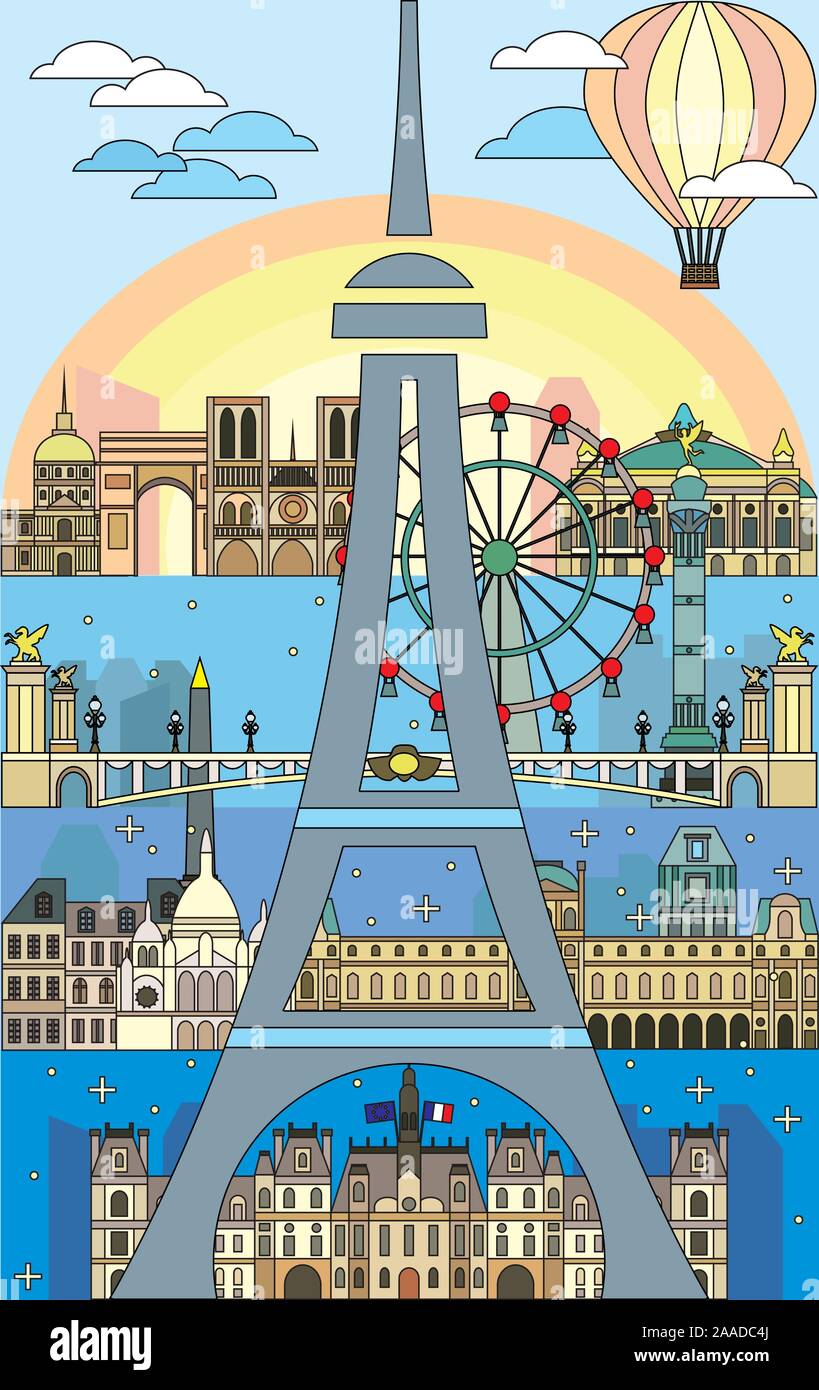 Poster avec toits de Paris line art style. Vector illustration isolé colorés. Silhouette vecteur Illustration de monuments de Paris,France. Paris ve Illustration de Vecteur