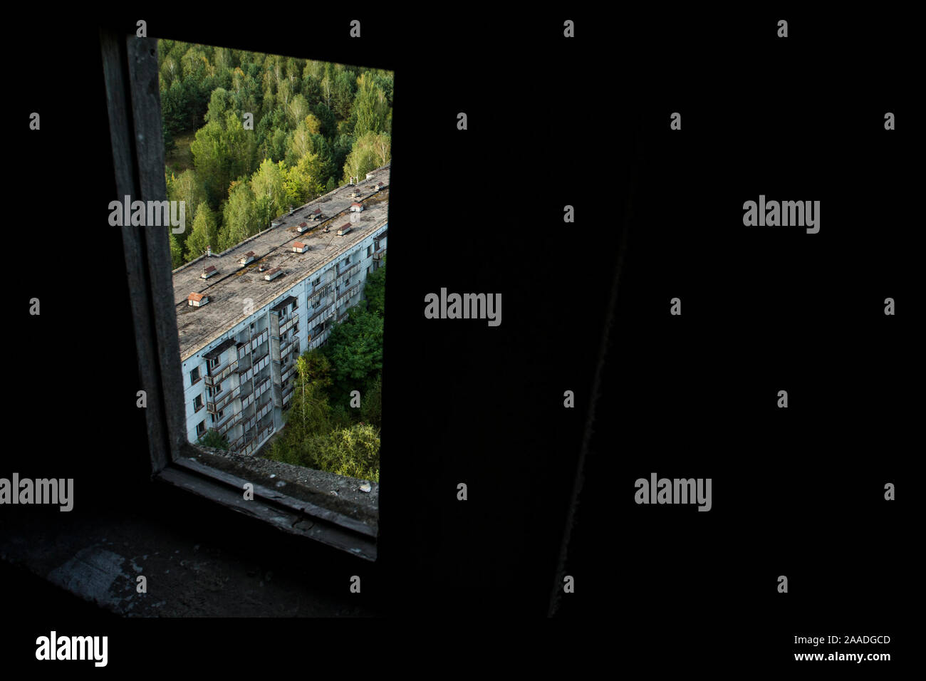 Voir le produit d'une fenêtre à l'exlusion de Tchernobyl Pripyat, Zone, l'Ukraine Septembre Banque D'Images