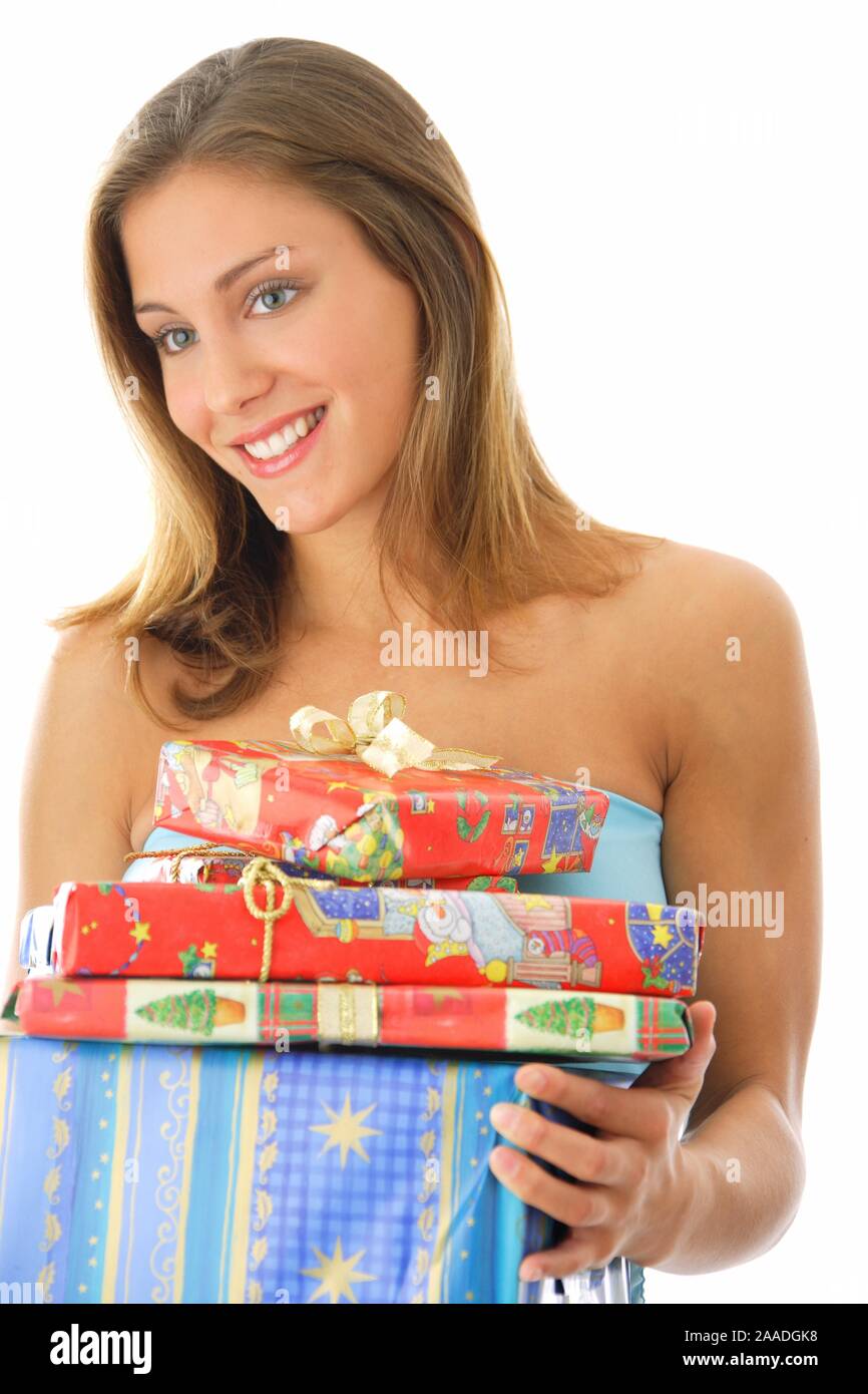 Blonde Junge Frau mit cadeaux de Noël Banque D'Images