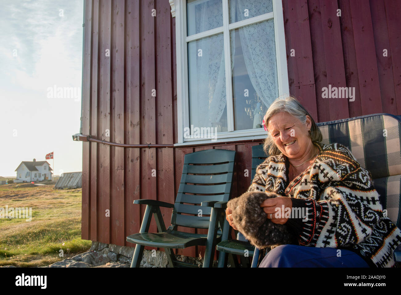 Femme de ménage, de l'eider à duvet d'eiders à duvet (Somateria mollissima) toutes les petites particules doit être retiré pour assurer la longue durée de la produit. Lanan Island, Vegoyan Site du patrimoine mondial de l'UNESCO, dans le Nord de la Norvège, juillet. Félicité dans l'homme et de la nature de la catégorie Nature Terre Sauvage 2017 Images Awards. Banque D'Images