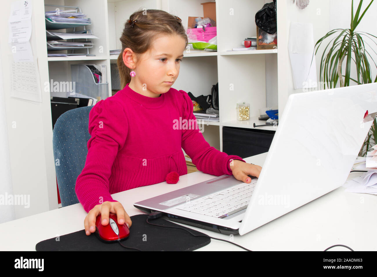 Siebenjährige am PC Banque D'Images