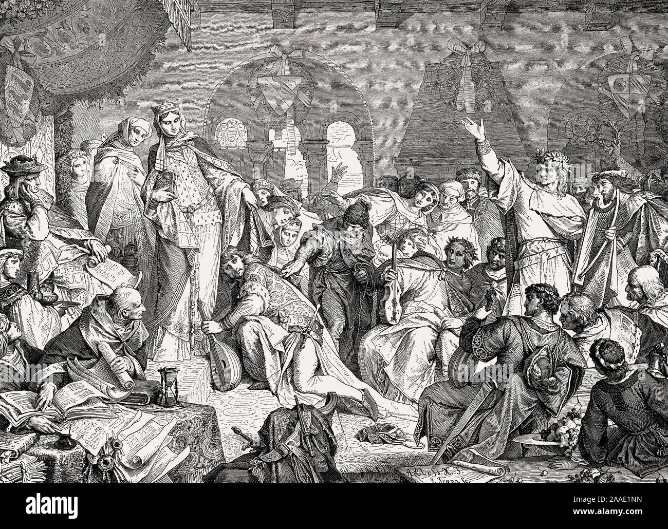 Le Sängerkrieg ménestrel ou concours à la Wartburg, un château en Thuringe, Allemagne, en 1207. Banque D'Images