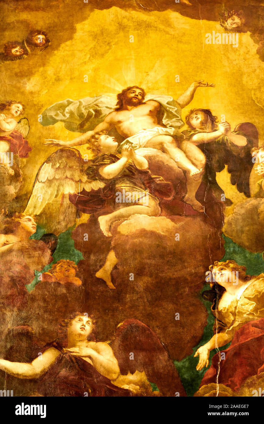 Peinture de l'ascension de Jésus Christ au ciel, sur le plafond de la chapelle au Trinity College de l'université d'Oxford, en Angleterre. Banque D'Images