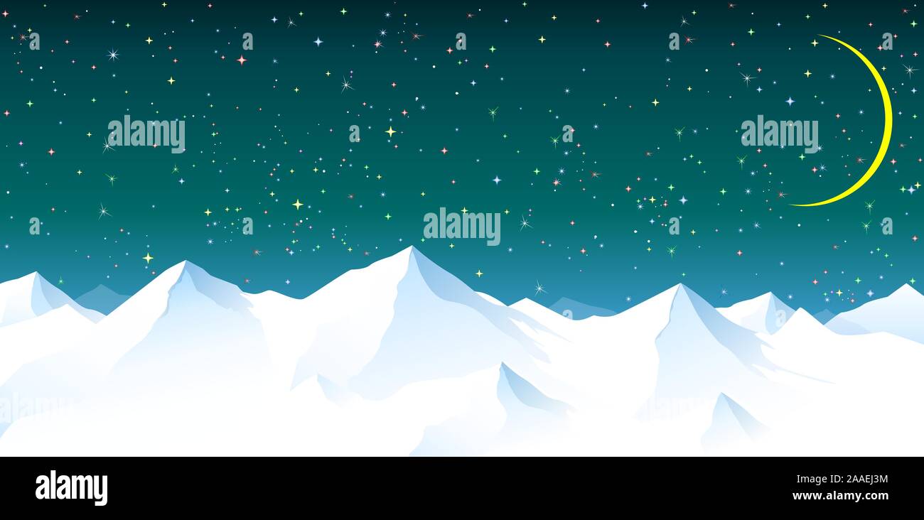 Des pics de montagne enneigée. Ciel de nuit. Étoiles brillantes. Lune. Paysage de neige en montagne. Illustration de Vecteur