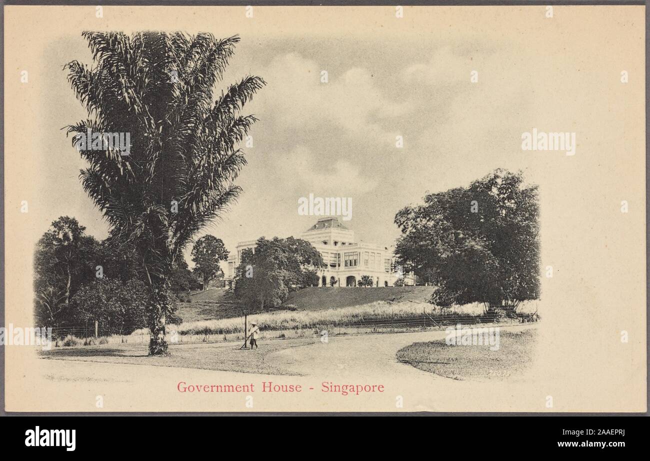 Carte postale gravée de l'allée menant à la Maison du Gouvernement de Singapour, l'actuelle 3151, la résidence officielle et le bureau du président de Singapour, publié par G.R, 1910. Lambert et Co. de la New York Public Library. () Banque D'Images