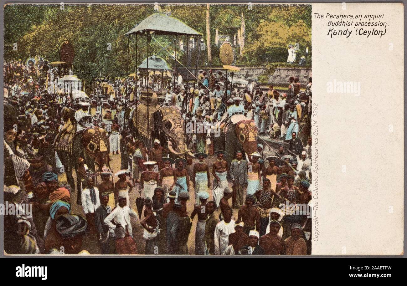 Carte postale illustrée d'une foule de gens regardant une procession à l'Esala Perahera de Kandy, connue aussi comme la fête de la dent, Kandy, Sri Lanka (anciennement Ceylan), publié par Colombo les apothicaires Co., Ltd, 1905. À partir de la Bibliothèque publique de New York. () Banque D'Images