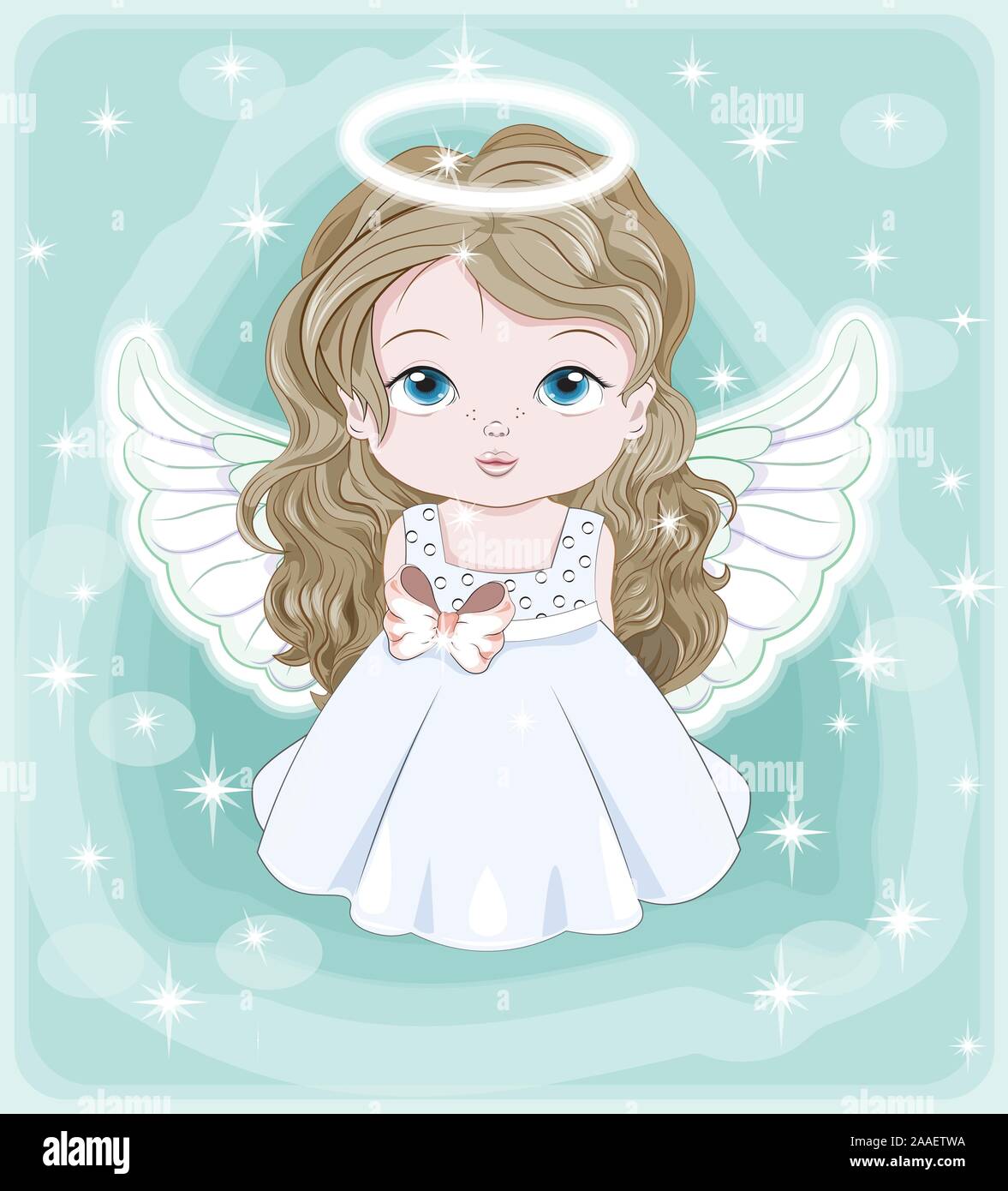 Beau Charmant Petit Bebe Ange En Robe Blanche Photo En Dessin A La Main De Style Cartoon Cute Pour Noel Et Nouvel An Maison De Vacances Carte De Vœux Image Vectorielle Stock