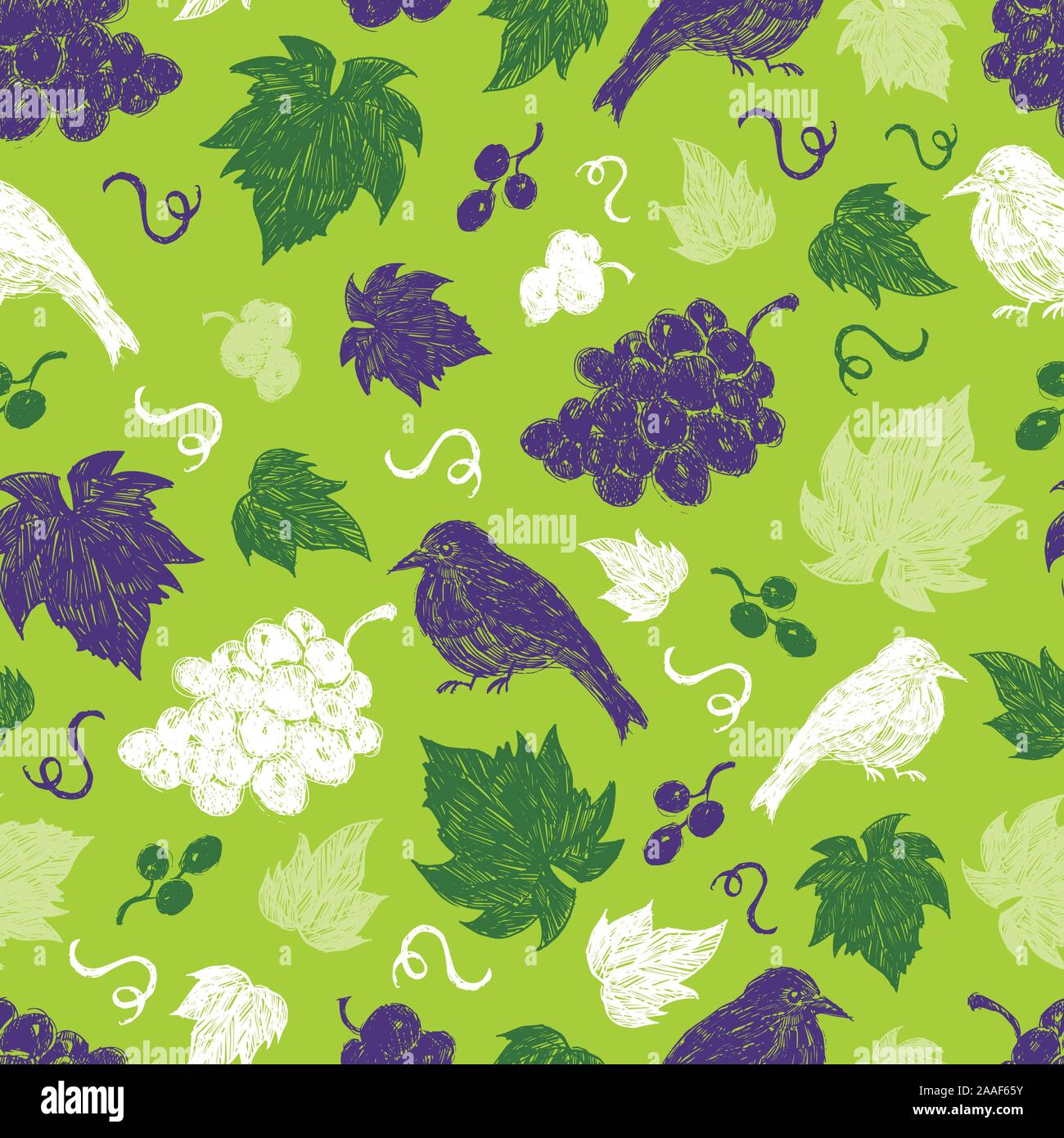 Vert vecteur illustration de vigne avec feuilles espacées et d'oiseaux à la main de répétition. Idéal pour scrapbooking, tissu et papier peint Illustration de Vecteur