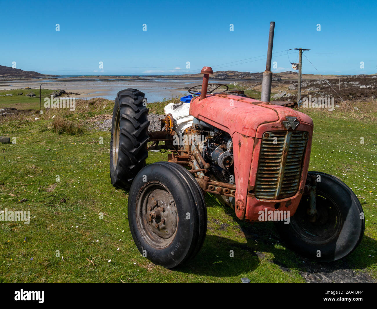Vieux tracteur Massey Ferguson rouge sur l'île de Colonsay, Ecosse, Royaume-Uni Banque D'Images