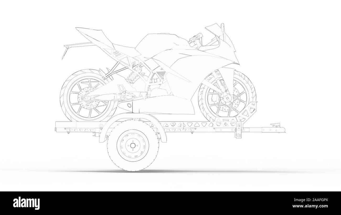 Le rendu 3D d'une moto sur une remorque isolé dans l'arrière-plan studio Banque D'Images