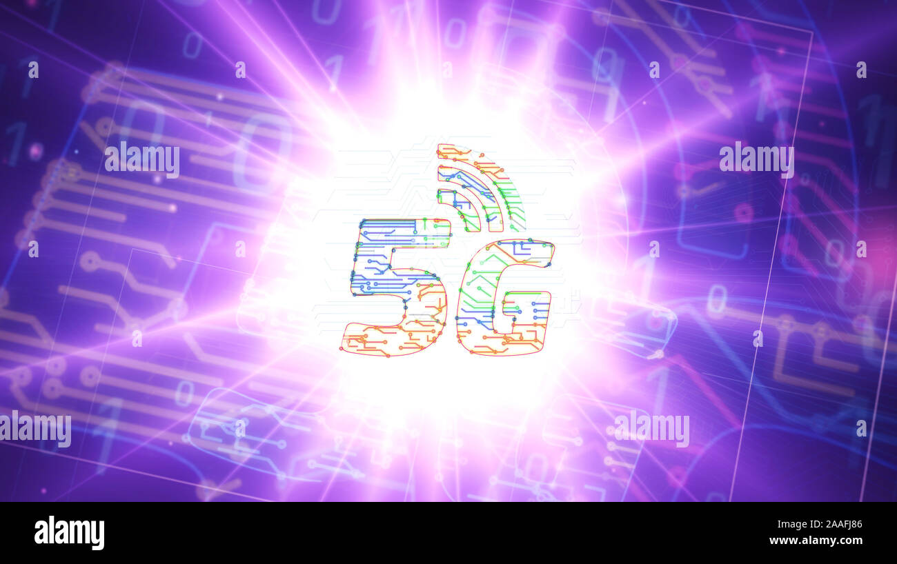 Réseau mobile 5g futuristic hologram le rendu 3D illustration. Résumé Contexte intro numérique. Concept de connexion et de communication, l'ITO techn Banque D'Images
