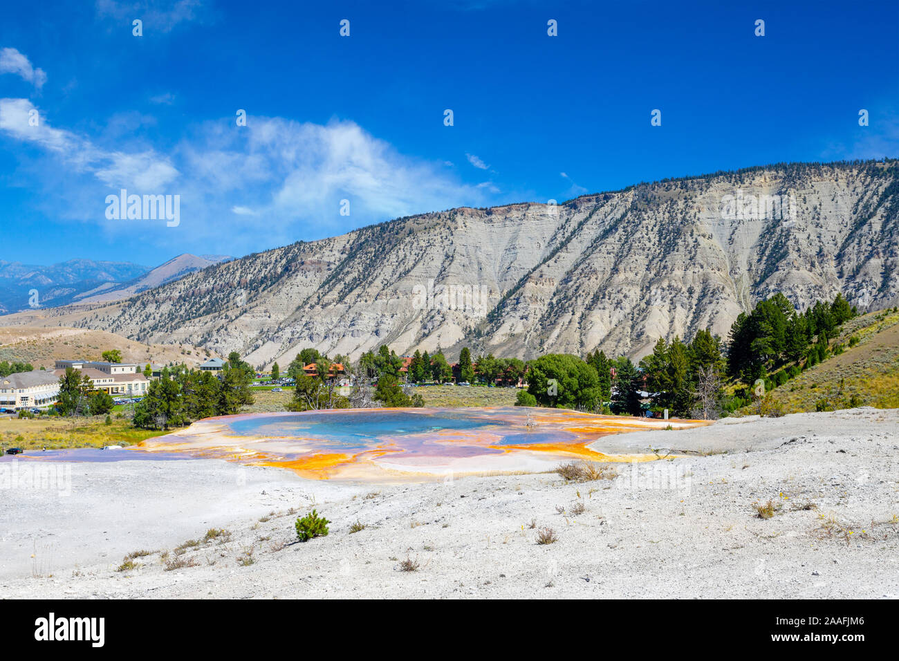 Printemps La palette dans la terrasse inférieure de Mammoth Hot Springs à Parc National de Yellowstone avec Mont Everts et ville de mammouth dans l'arrière-plan. Banque D'Images