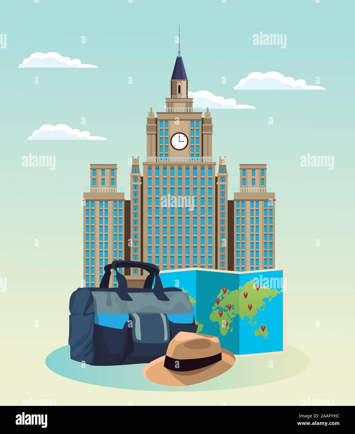 Bâtiment emblématique avec sa housse de transport et un chapeau Illustration de Vecteur