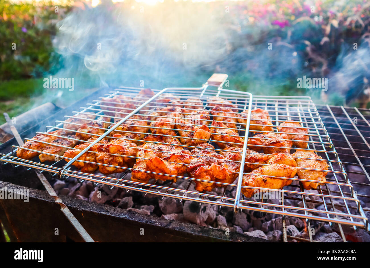 Cuire les brochettes de poulet sur le barbecue dans le jardin au coucher du soleil Banque D'Images