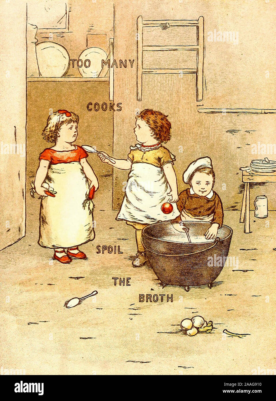 Trop de cuisiniers gâtent la sauce - Une illustration Vintage de un vieux proverbe. Banque D'Images