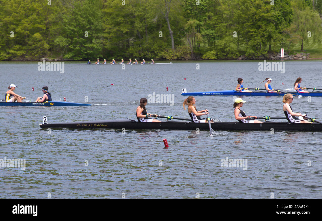 New Preston, CT USA. Mai 2016. Régate de l'équipage en action au lac Waramaug. Banque D'Images