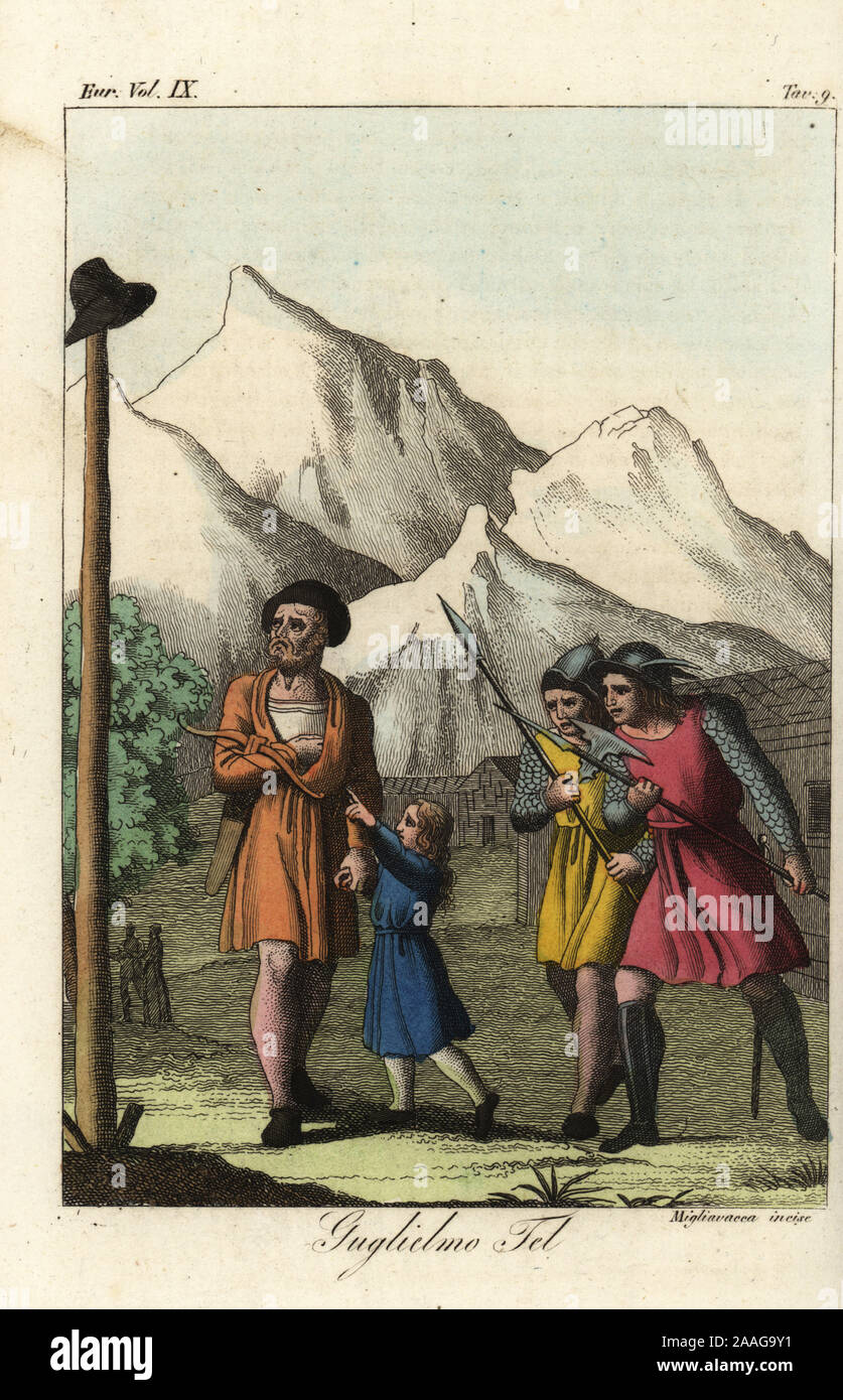 Héros suisse Guillaume Tell, avec son fils et la tenue d'une arbalète, est  arrêté à Altdorf pour ne pas saluer Albrecht Gessler's hat monté sur un  poteau. Guglielmo Tél. La gravure sur