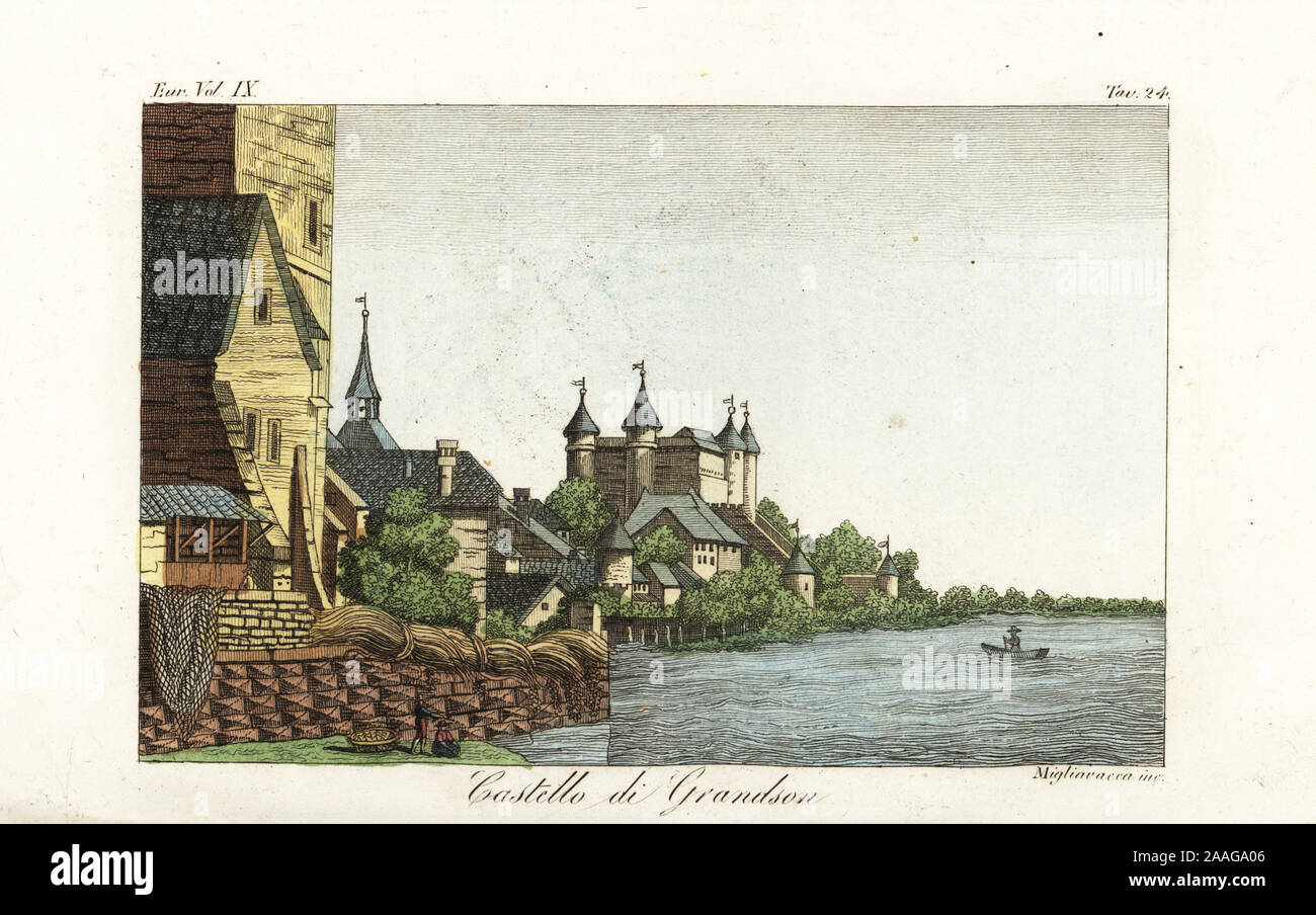 Le château médiéval de Grandson, Vaud, Suisse. Castello di petit-fils. La gravure sur cuivre coloriée par Migliavacca de Giulio Ferrario Costumes d'antique et moderne des peuples du monde, il Costume Antico e Moderno, Florence, 1837. Banque D'Images