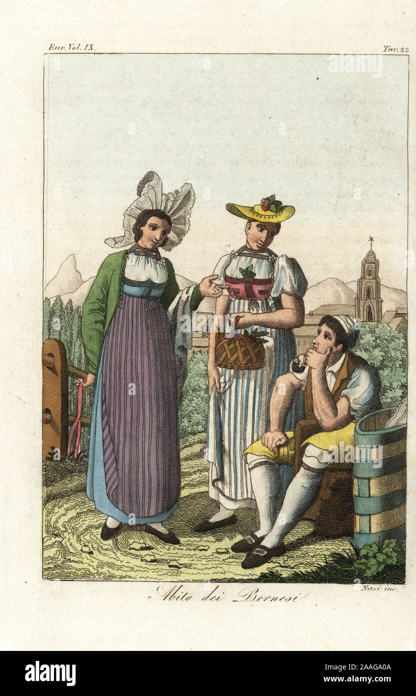 Deux paysans pays travaillant comme domestiques à Berne, Suisse, 18e  siècle, à la mode de porter des variantes de leur ancien costume. L'un  porte un chapeau aile de papillon. Abito dei Bernesi.