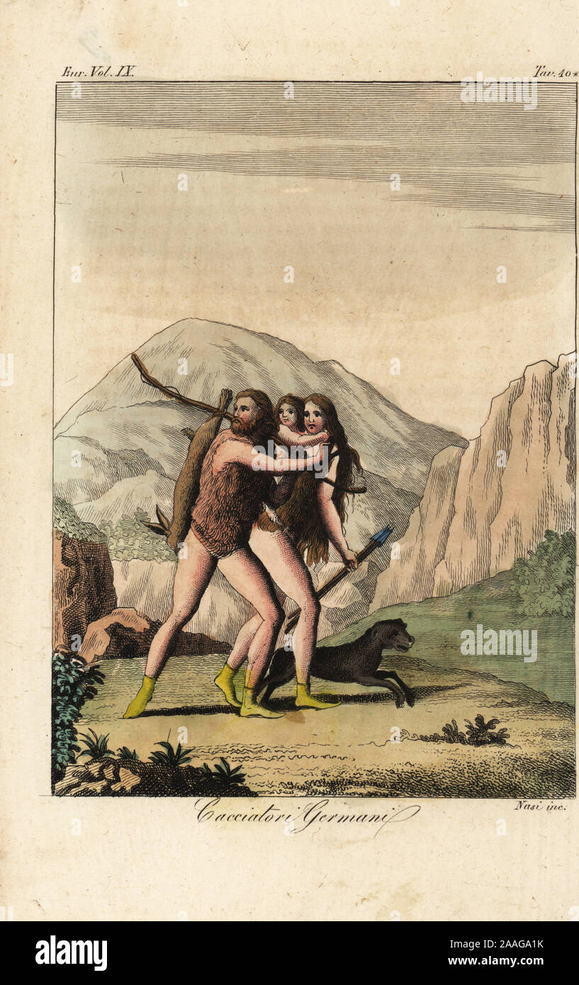 Germaniques anciennes famille Hunter. Ils portent leurs cheveux longs, ont la peau d'animaux des tuniques et des chaussures. Il porte un lièvre sur un bâton, et elle possède plusieurs flèches. Cacciatori Germani. La gravure sur cuivre coloriée par Nasi de Giulio Ferrario Costumes d'antique et moderne des peuples du monde, il Costume Antico e Moderno, Florence, 1837. Banque D'Images