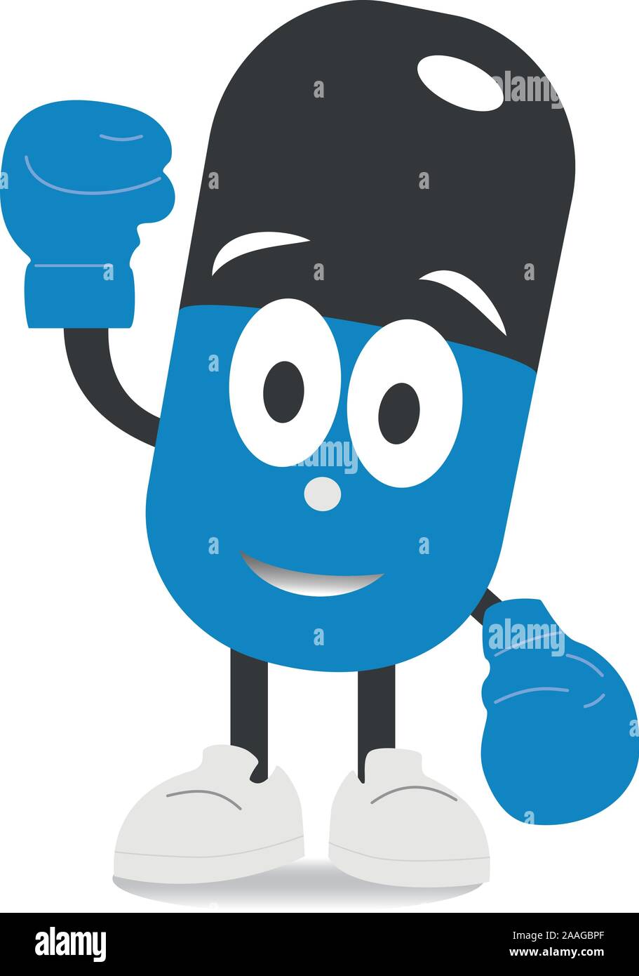 Capsule bleu caractères avec les ombres. Bonne garde comprimé dans des gants de boxe. Télévision personnage icône illustration design. Isolé sur blanc backgroun Illustration de Vecteur