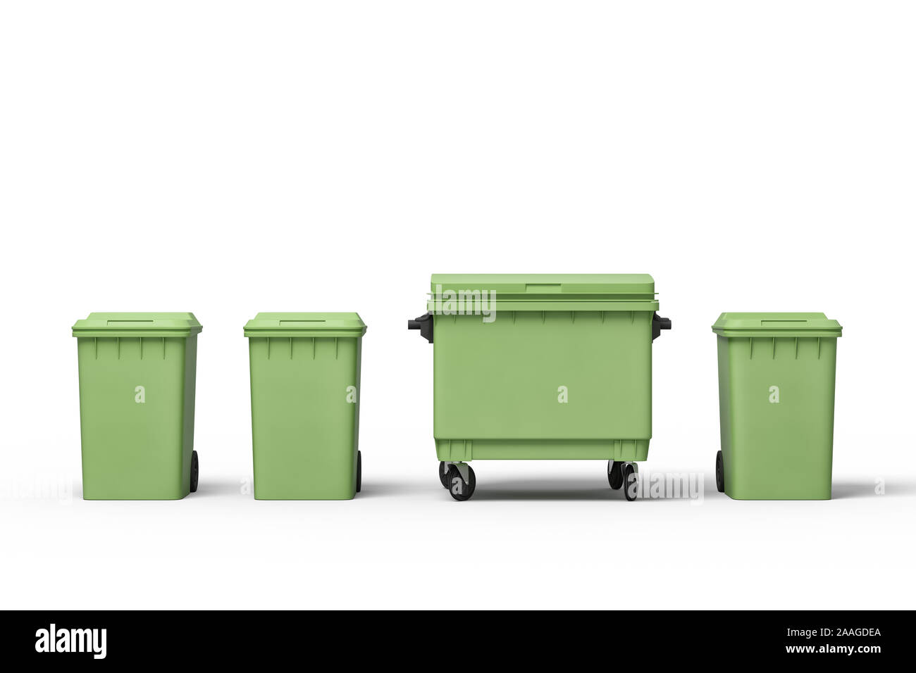 Le rendu 3D de quatre poubelles vert debout dans ligne. Trier et recycler les déchets. Faire ville propre. Être respectueux de l'environnement. Banque D'Images