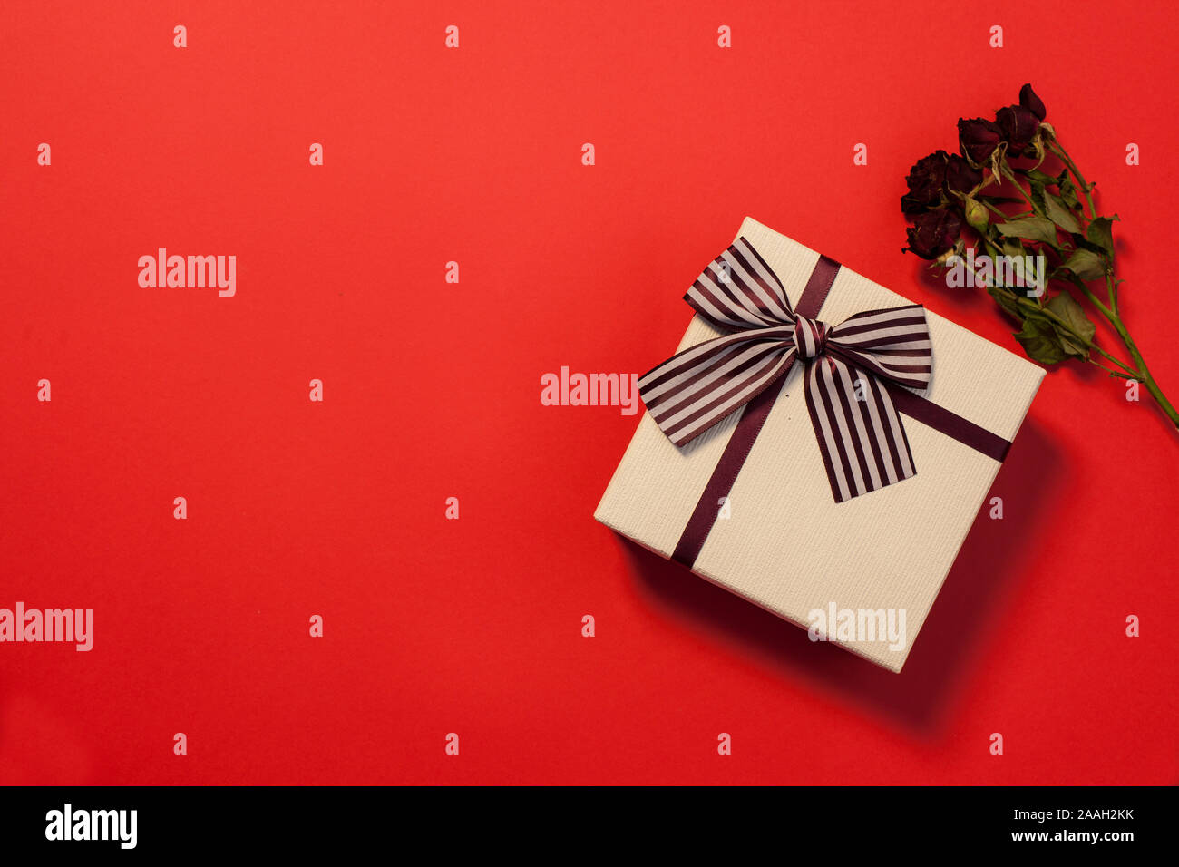 Boîte cadeau et roses sur fond rouge. L'espace d'écriture, carte postale, carte de vœux, livre, Banque D'Images
