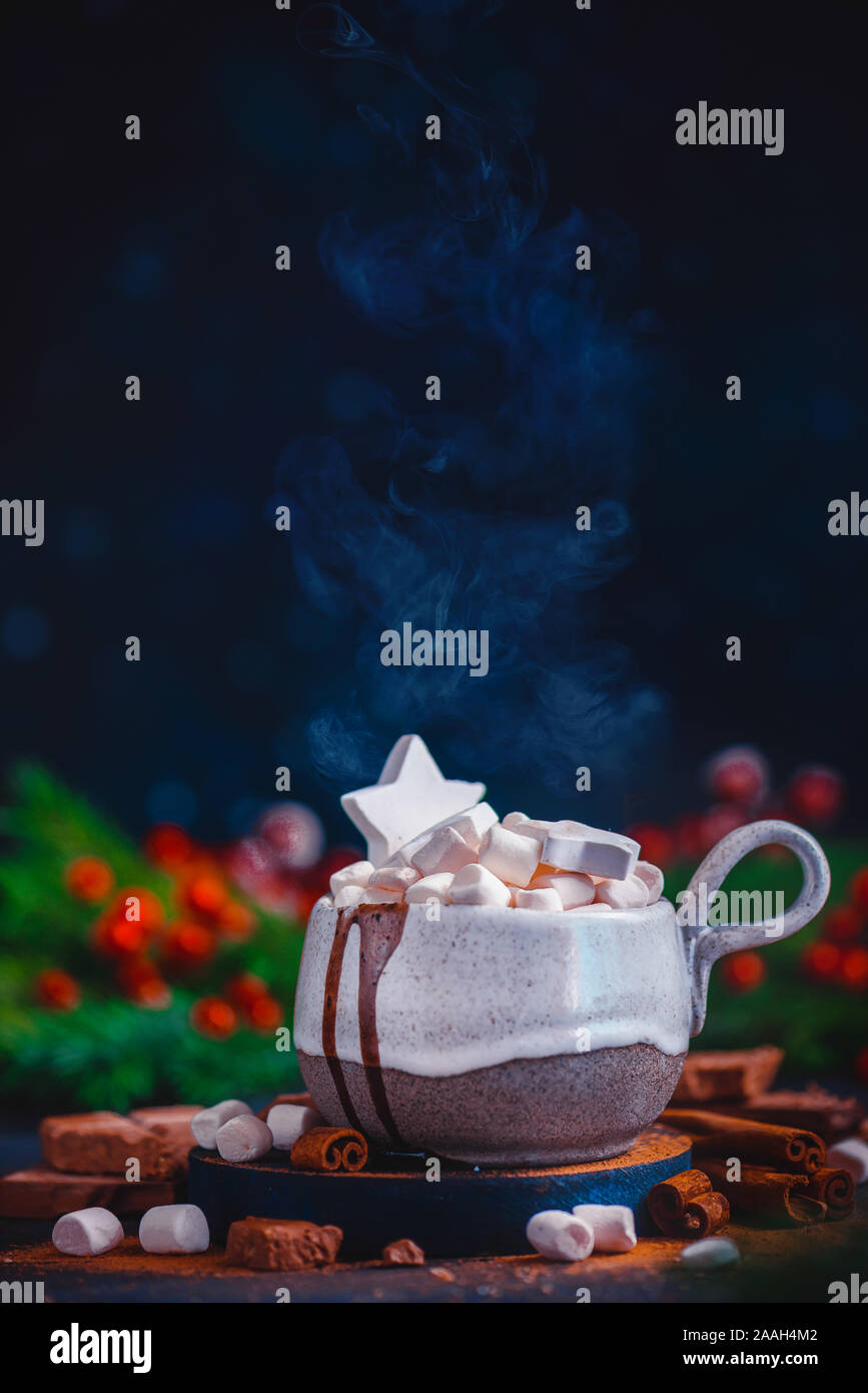 L'hiver chaud boire avec le cacao et les guimauves, boisson de Noël sur fond sombre Banque D'Images