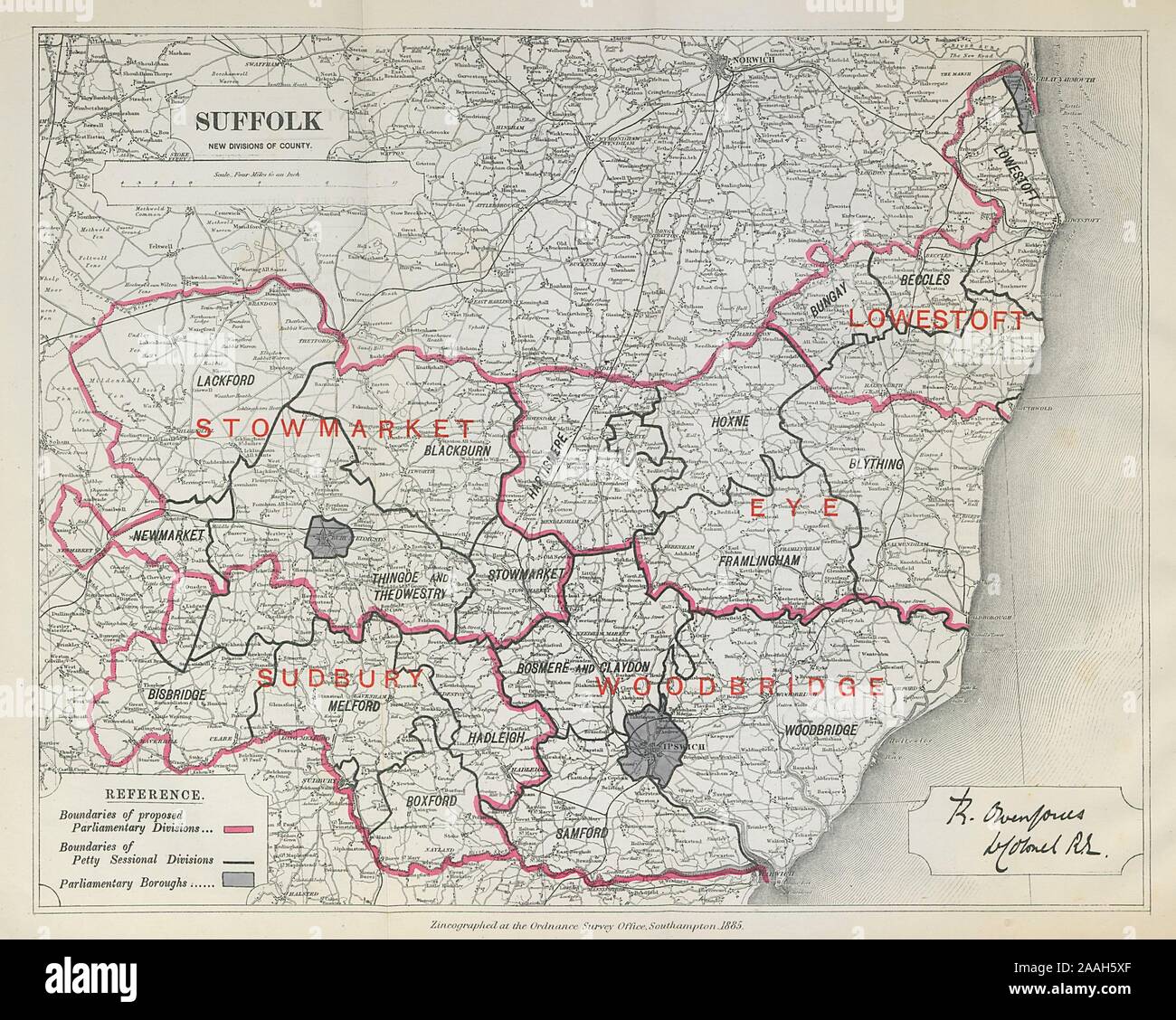 Divisions parlementaire de Suffolk. Lowestoft Sudbury. COMMISSION du tracé de la carte 1885 Banque D'Images