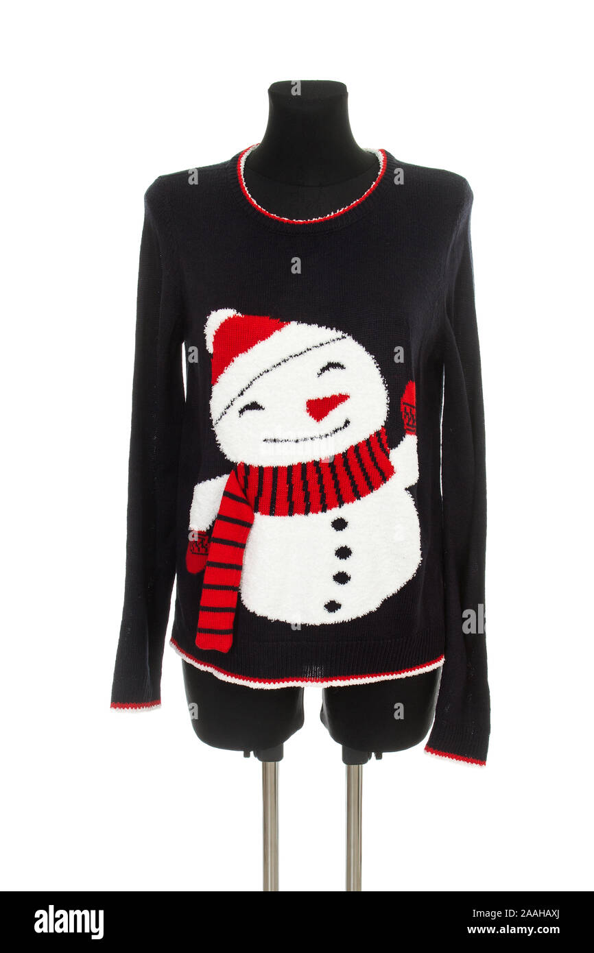 Funny christmas sweater avec un bonhomme de neige sur un fond blanc Banque D'Images