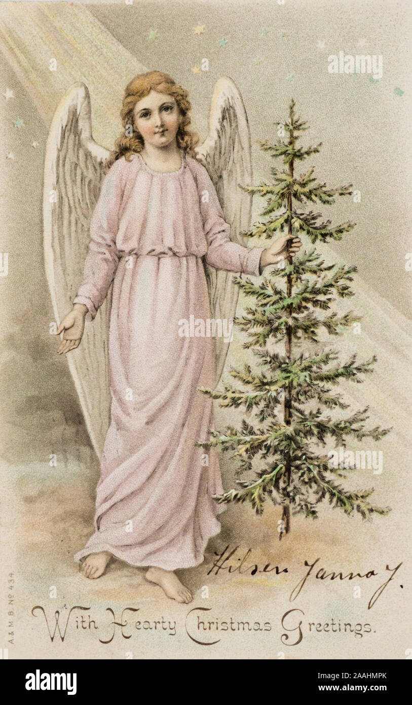 Carte Postale De Noel Vintage Avec Angel Et L Arbre De Noel Par La Poste Ca 1910 A New York Usa Du Texte Avec Des Voeux De Noel Photo Stock Alamy