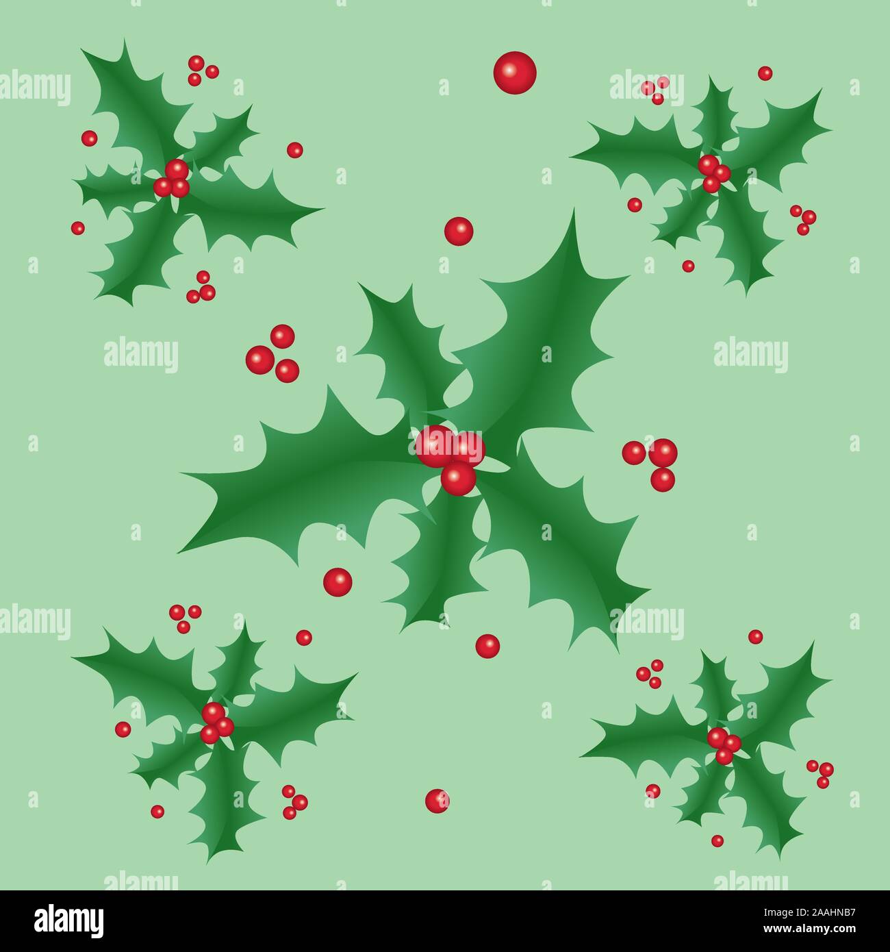 Un modèle de Noël jeu de feuilles de houx et baies rouges sur fond vert. Illustration de Vecteur